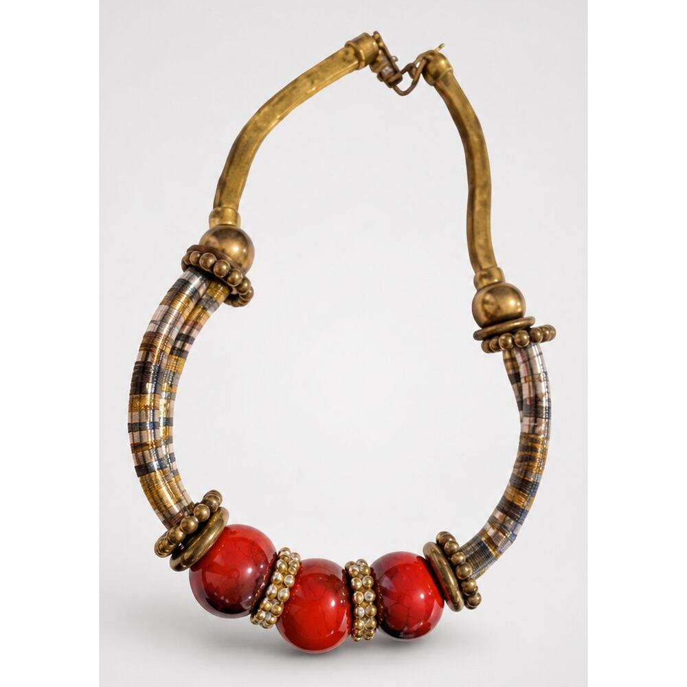 Tribal Mogul Necklace Rhinestones Mesh Red Gold-tone 16" Chunky Statement rd3-38
